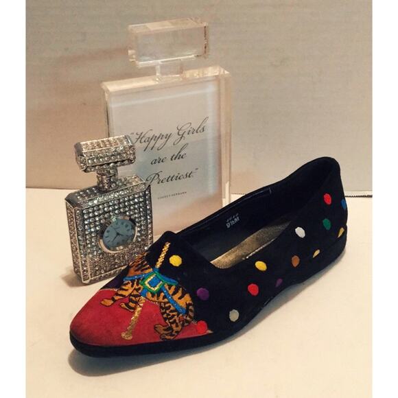 VINTAGE J. RENEE TIGER CAROUSEL FLATS BLACK SUEDE - Picture 1 of 4